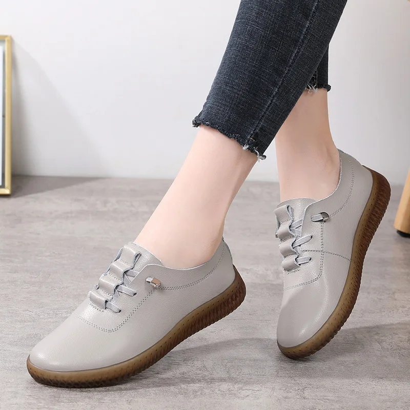 Genuine Leather Women's Casual Soft Sole Light Flat Shoes Outdoor Sport Walking Trainers Summer Autumn Ladies Slip on Sneakers