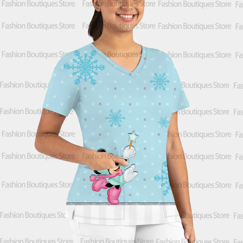 여성용 세련된 의료 작업복, 크리스마스 스타일, 디즈니 미키 마우스 프린트, 여름 캐주얼 브이넥 반팔 수술복