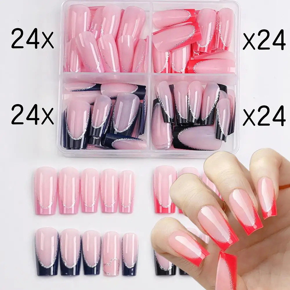 96 pièces 4 couleurs français longs Ballet brillant press-on ongles cercueil-forme couverture complète faux ongles conseils femmes détachables faux ongles