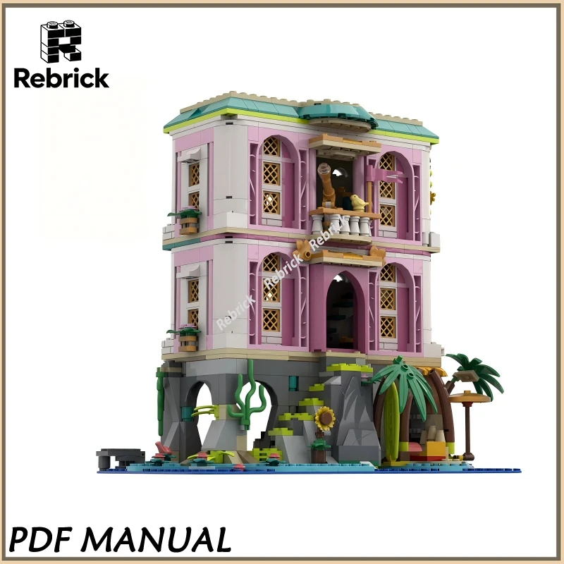 Riviera Sunset Villa Extension MOC Bricks Set Italian Coastal Cliff House Expansion Landscape Educational Assembly Hobby Toy