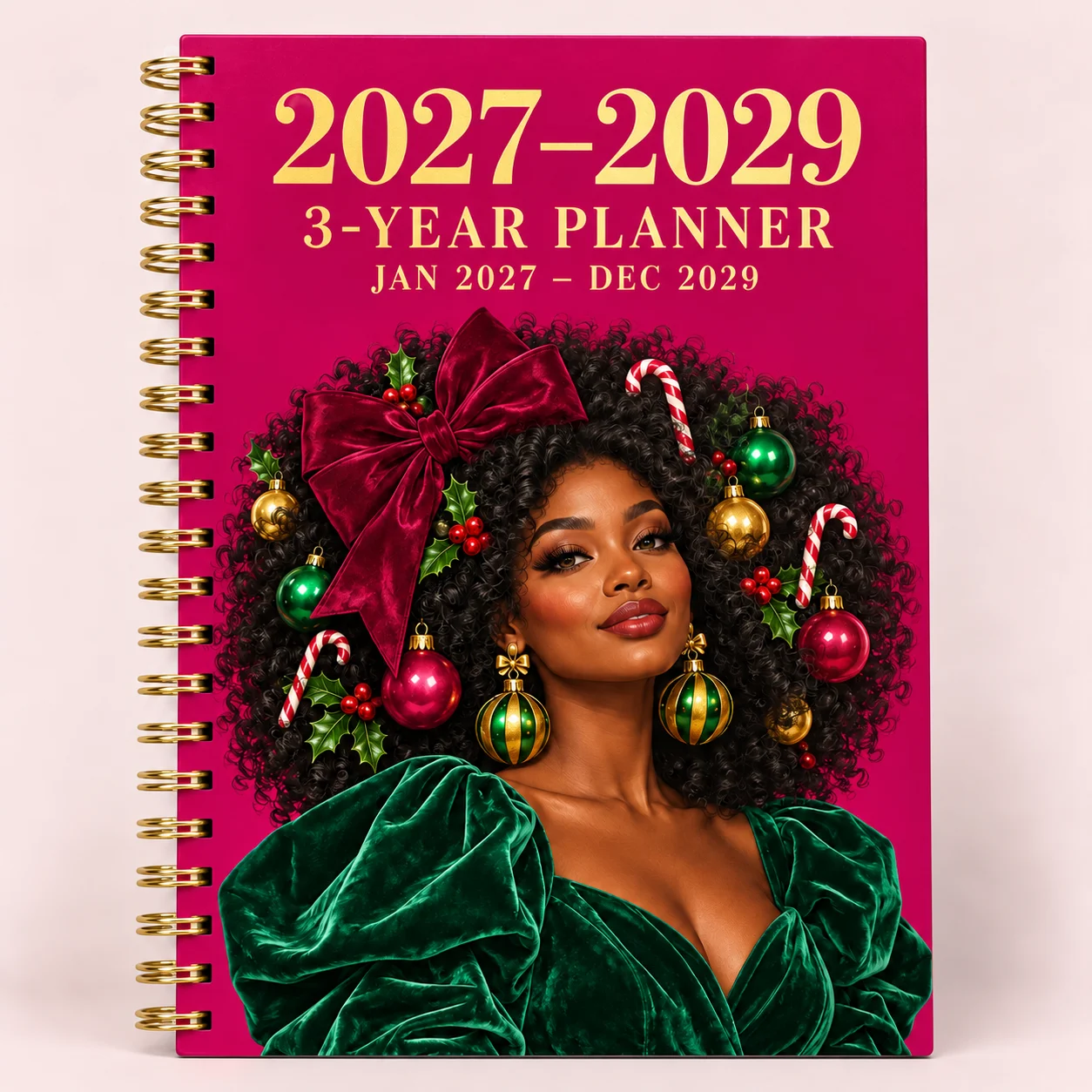 2027-2029 A5 3-Year Planner Notebook, Spiral Bound Christmas Journal with Glam Holiday Girl Cover