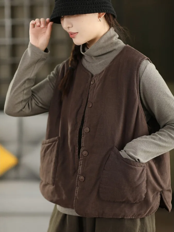 High-End Linen Thickened Cotton Jacket Vest Women's Winter Fashion Comfortable Casual Layering Sleeveless Shoulder Pad Trendy