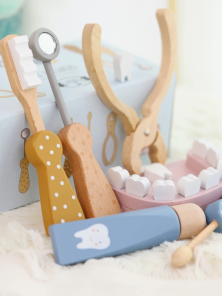 Kleiner Arzt aus Holz für Kinder spielt Zahnarzt, orales Dental-Set, Krankenschwester-Spielzeug, Baby lernt Zähne zu bürsten und zu Hause spielen – Detail 4