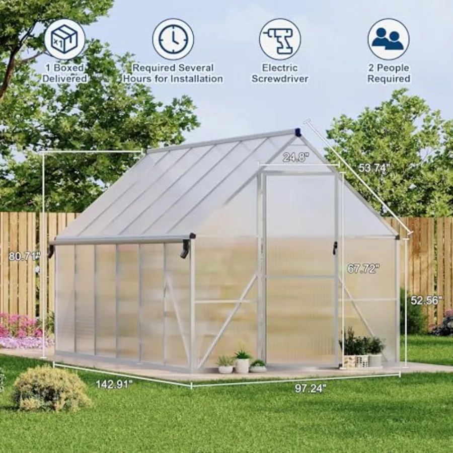 8 x 12 ft Outdoor Polycarbonate Greenhouse Kit, Heavy Duty Greenhouse with Reinforced Aluminum Frame, Adjustable Roof Vent, Loc