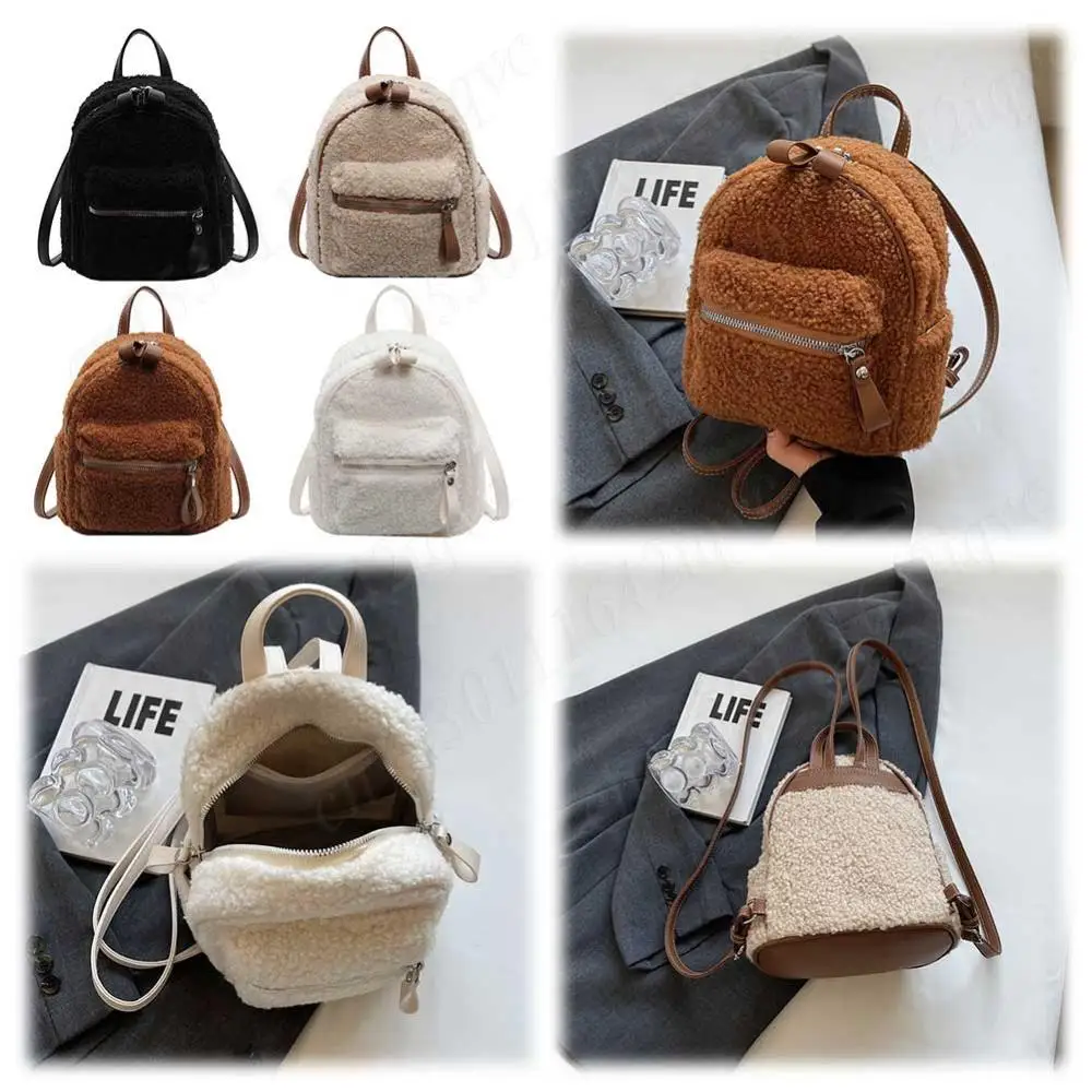 Women Plush Mini Shoulder Bag Fuzzy Backpack with Multi-Pockets Handbag with Zipper Mini Schoolbag Mini Travel Bag