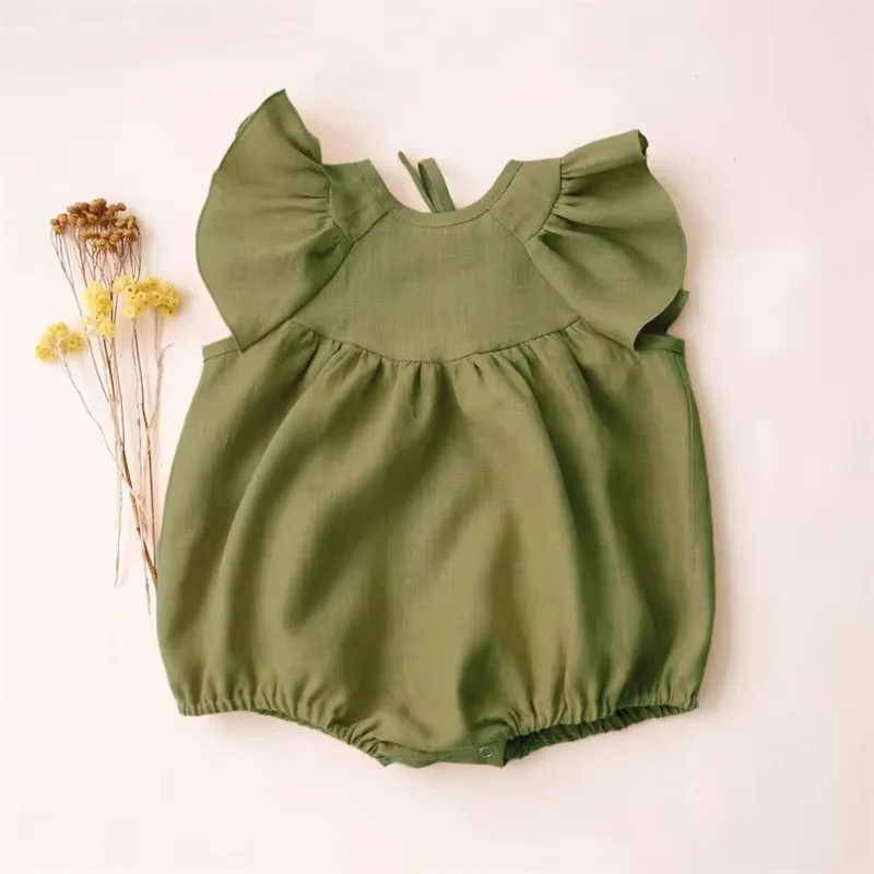 Summer Newborn Linen Cotton Bodysuit Solid Color Baby Girl Romper Infant Onepiece Clothing