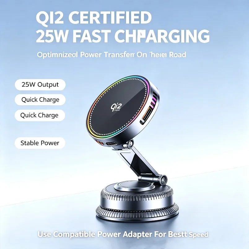 Qi2 Certified 25W Wireless Car Charger Magnetic Vacuum Suction Mount Active Cooling Fan N52 Magnet Foldable for Smartphone Car