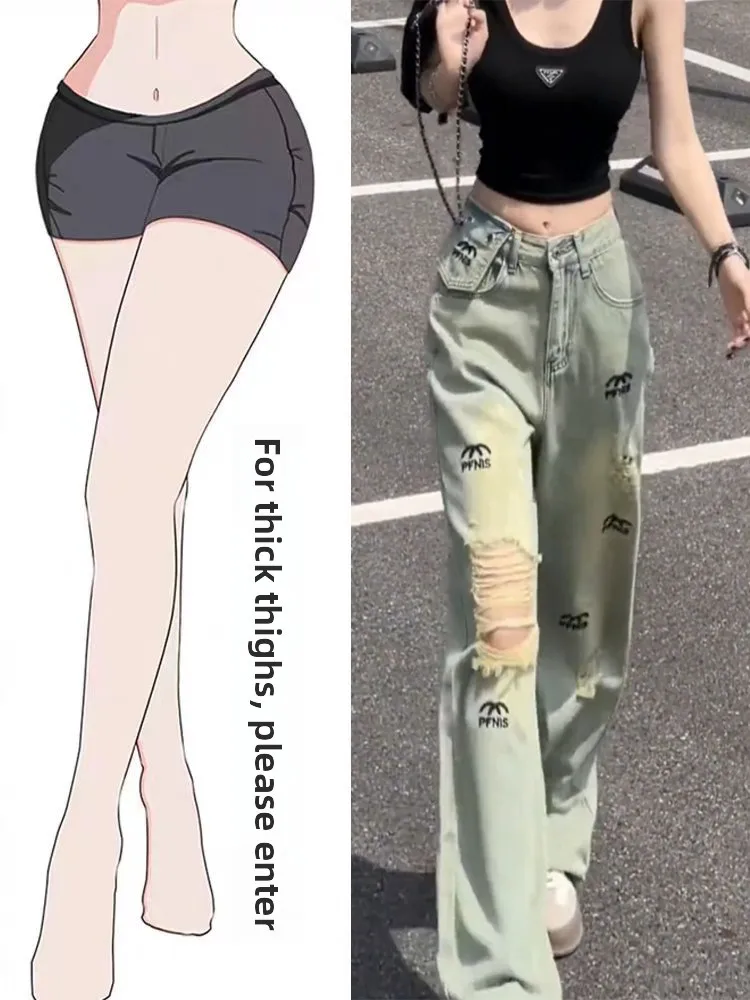 

High Waist Wide Leg Jeans Women's Summer Loose Fit Torn Straight Leg Pants American Design Cotton Polyester Spandex Blend