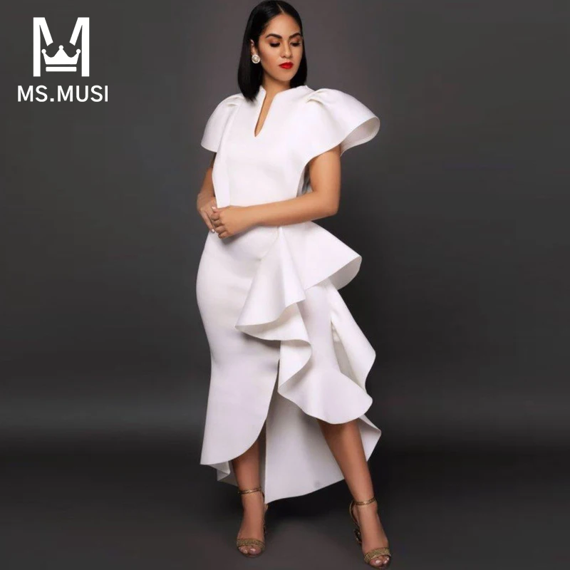 MSMUSI 2025 New Fashion Women Sexy V Neck Falbala Ruffles Draped Fold Short Sleeve Bodycon Party Club Event Slim Slit Midi Dress