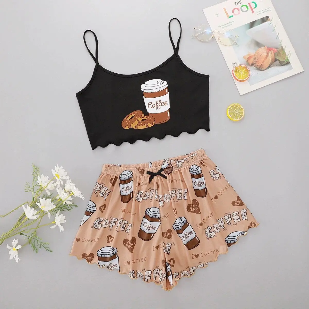 2PCS Cute & Comfy Coffee Bread Print Pajamas Sleeveless Pajama Top & Pajama Shorts Set Women\'s Loungewear & Sleepwear