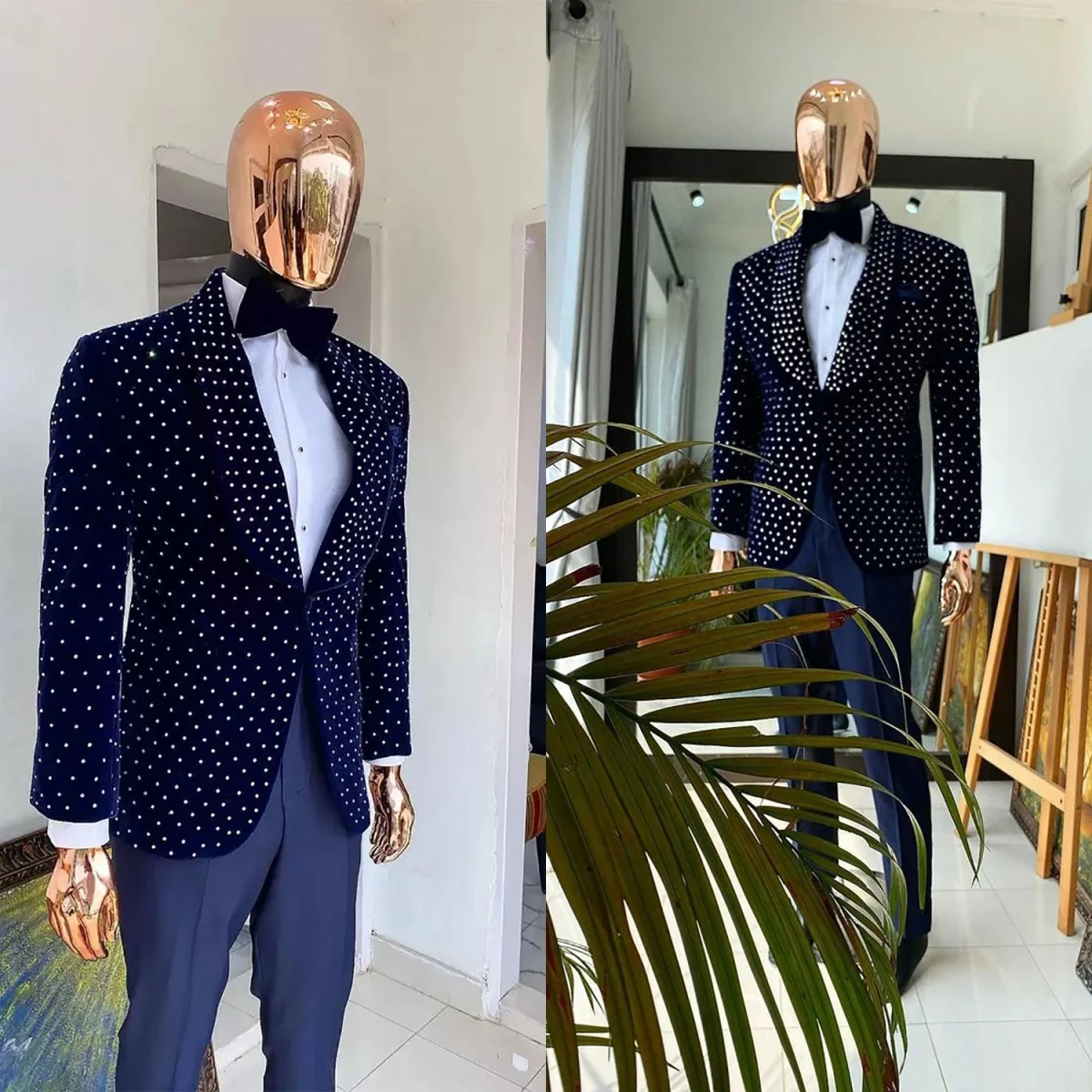 

Темно-синий мужской свадебный смокинг с бусинами, шаль с лацканами, бархатная куртка, пальто для дня рождения, банкета, индивидуальный заказ, одежда для жениха из 2 предметов