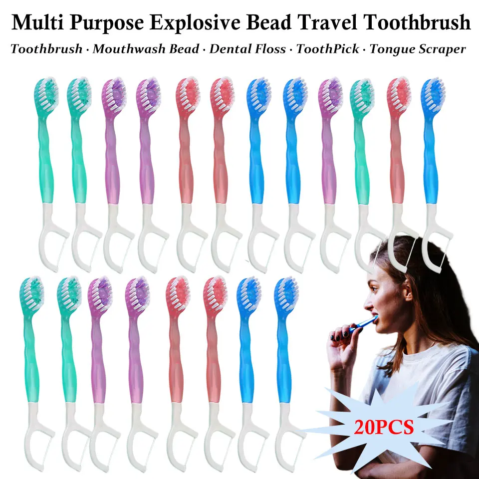 20PCS Disposable Travel Toothbrushes Explosive Bead Toothbrush with Mouthwash Bead Dental Floss Fast Clean Teeth Wholesale Cheap