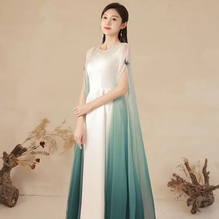 

Elegant Mesh Sleeve Evening Dress Chinese Cheongsam Guzheng Performance Costume Lady Elegant Qipao Gradient Vestidos De Festa