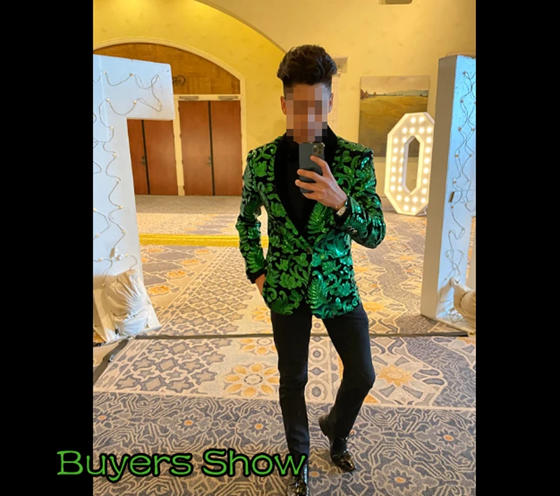 Esmoquin con lentejuelas florales para hombre, chaqueta verde brillante, cuello chal de un botón, traje de fiesta, cena, boda, baile de graduación,