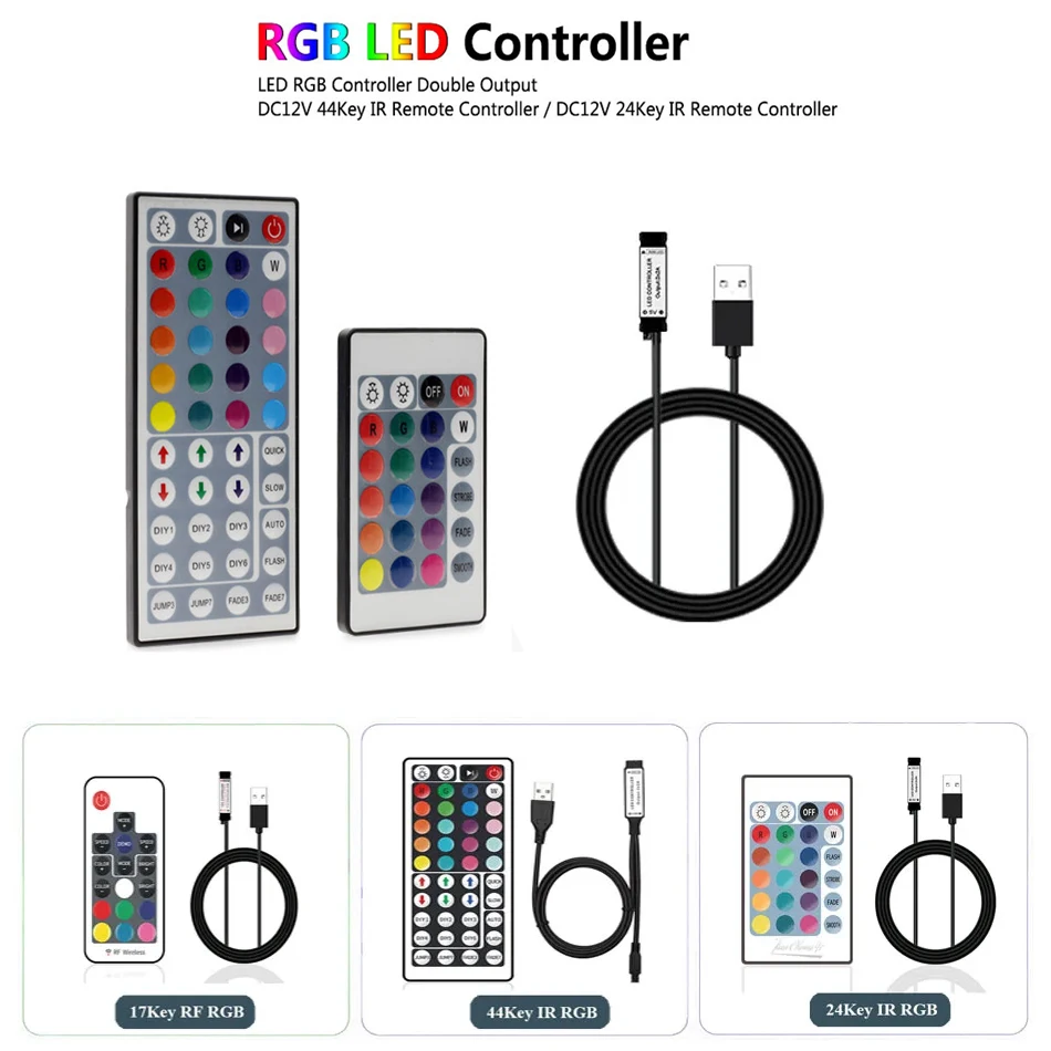 DC5V USB RGB Dimmer Controller 3Keys / 24Key 44Key IR Remoter / 17Keys RF Wireless Remoter Control 335 2835 5050 RGB light strip