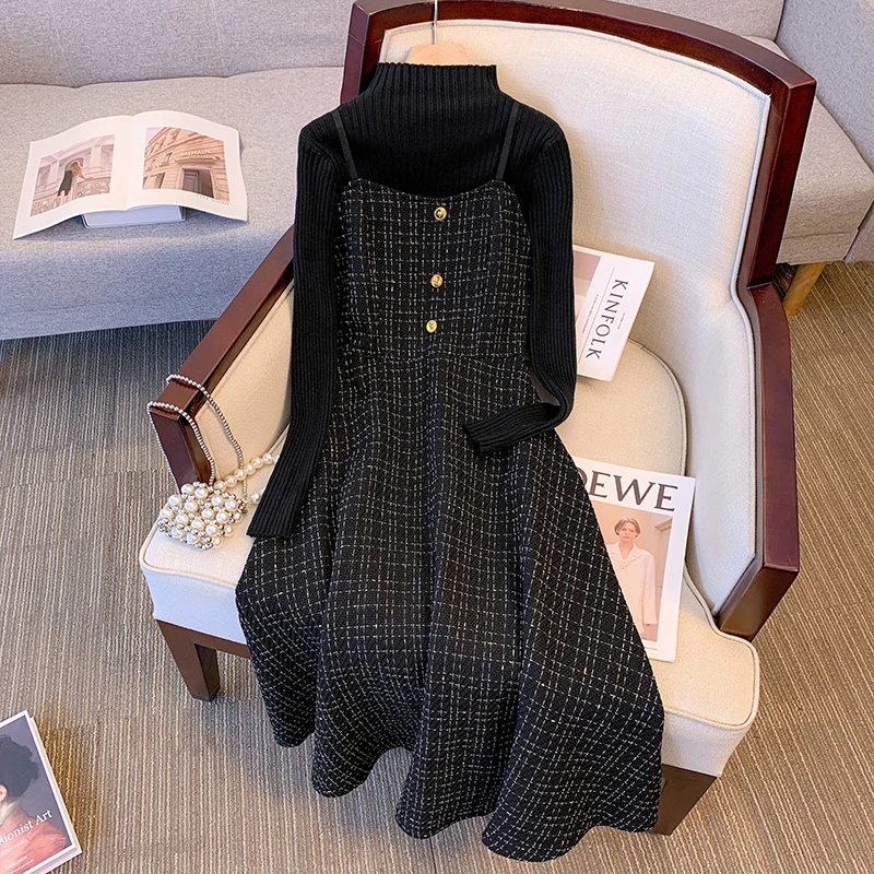 

Women Warm Autumn Winter Two-piece Set Half Turtleneck Sweater Tops And Plaid Sling Dress Female Large Size Black Elegant Suits