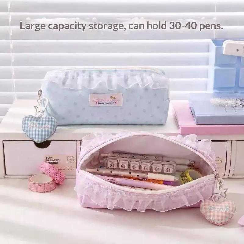 Girl Cute Lace Pencil Case Large Capacity Student Desktop Stationery Storage Pen Bag Makeup Bag Gift