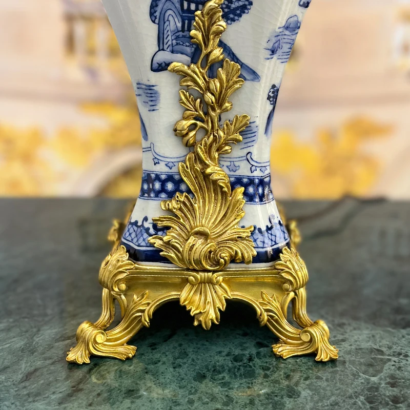 

JewelleryTop Modern Creative Art Decorative Table Light Brass Base Blue and White Porcelain Table Lamp