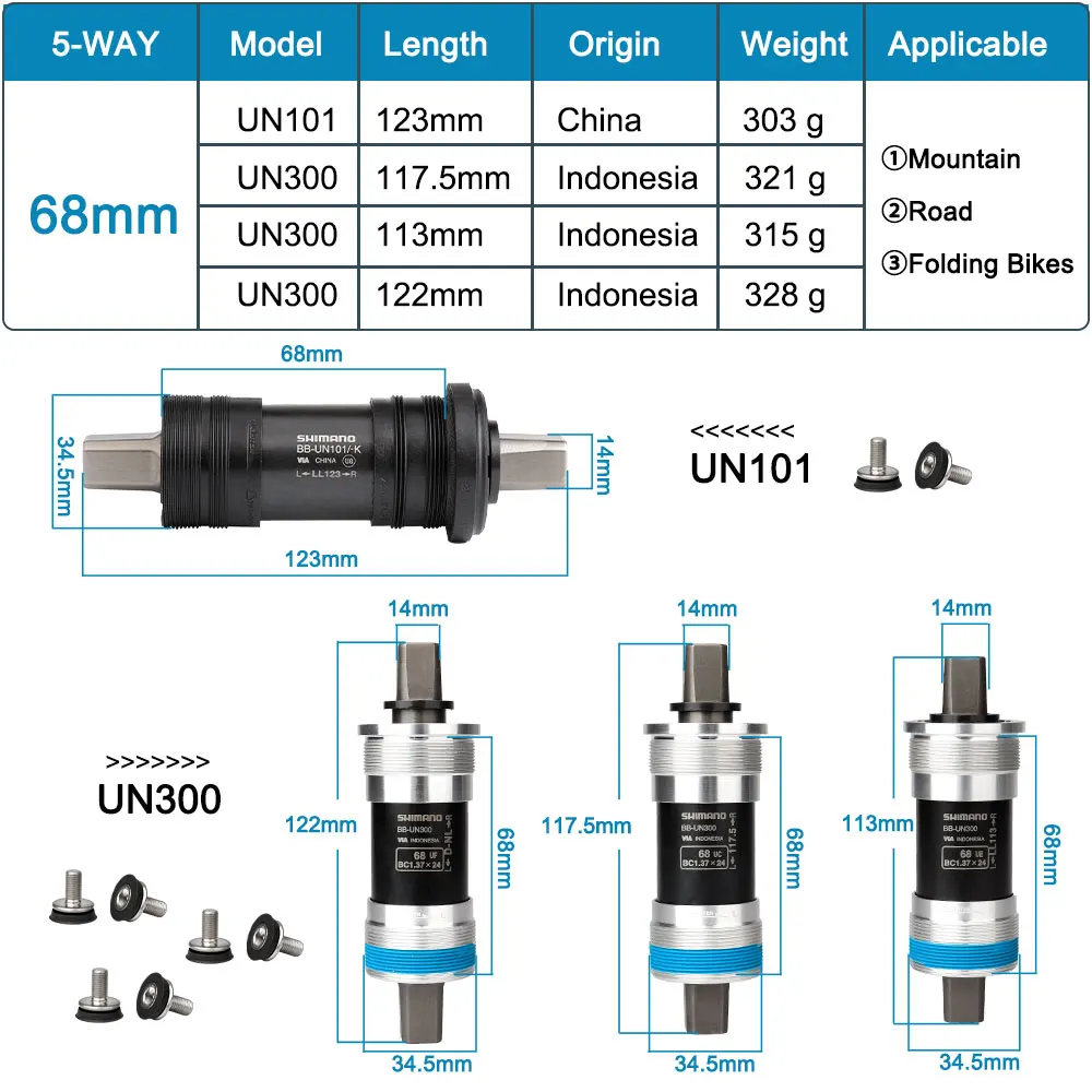 SHIMANO-MTB Bicycle Bottom Bracket for Mountain Road Folding Bikes Square Hole BB UN101, UN300, 68mm, 123mm, 113mm, 117mm, 122mm