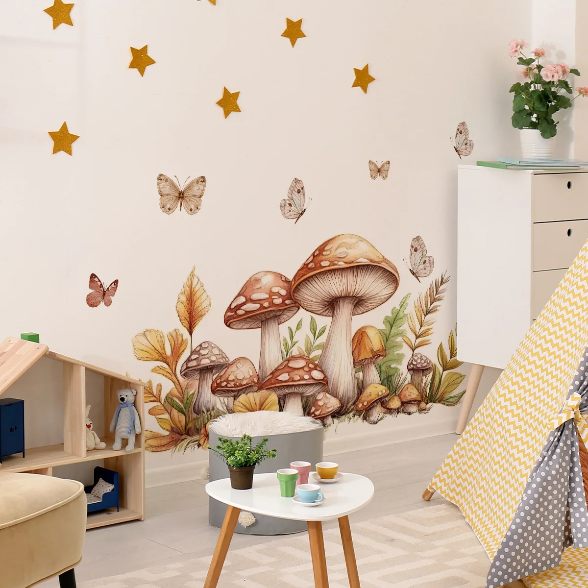 Mushroom Grove Wall Decals - Whimsical Fungus & Butterfly Stickers for Enchanted Home & Shop Decor