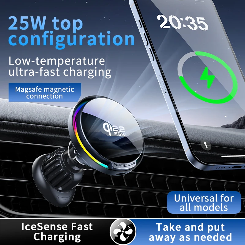25W Qi2 Superconducting Cooling MagSafe Car Charger – 20N Suction, RGB Light, 360° Rot, Turbo Fan for iPhone 12‑17 & Android
