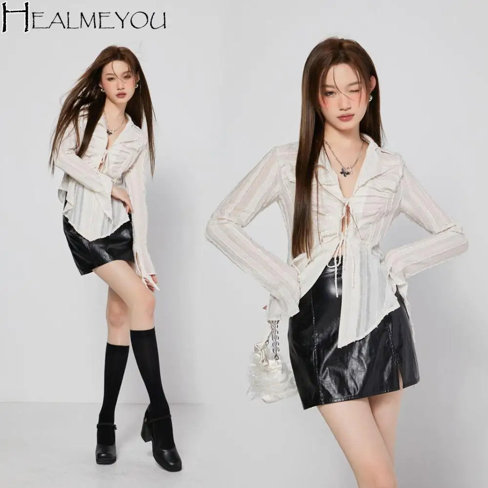 

Hollow Out V-neck Chiffon Sunscreen Shirt Irregular Lace-up Beige Shirt Women Ruffle Loose Long Sleeve Shirt Streetwear