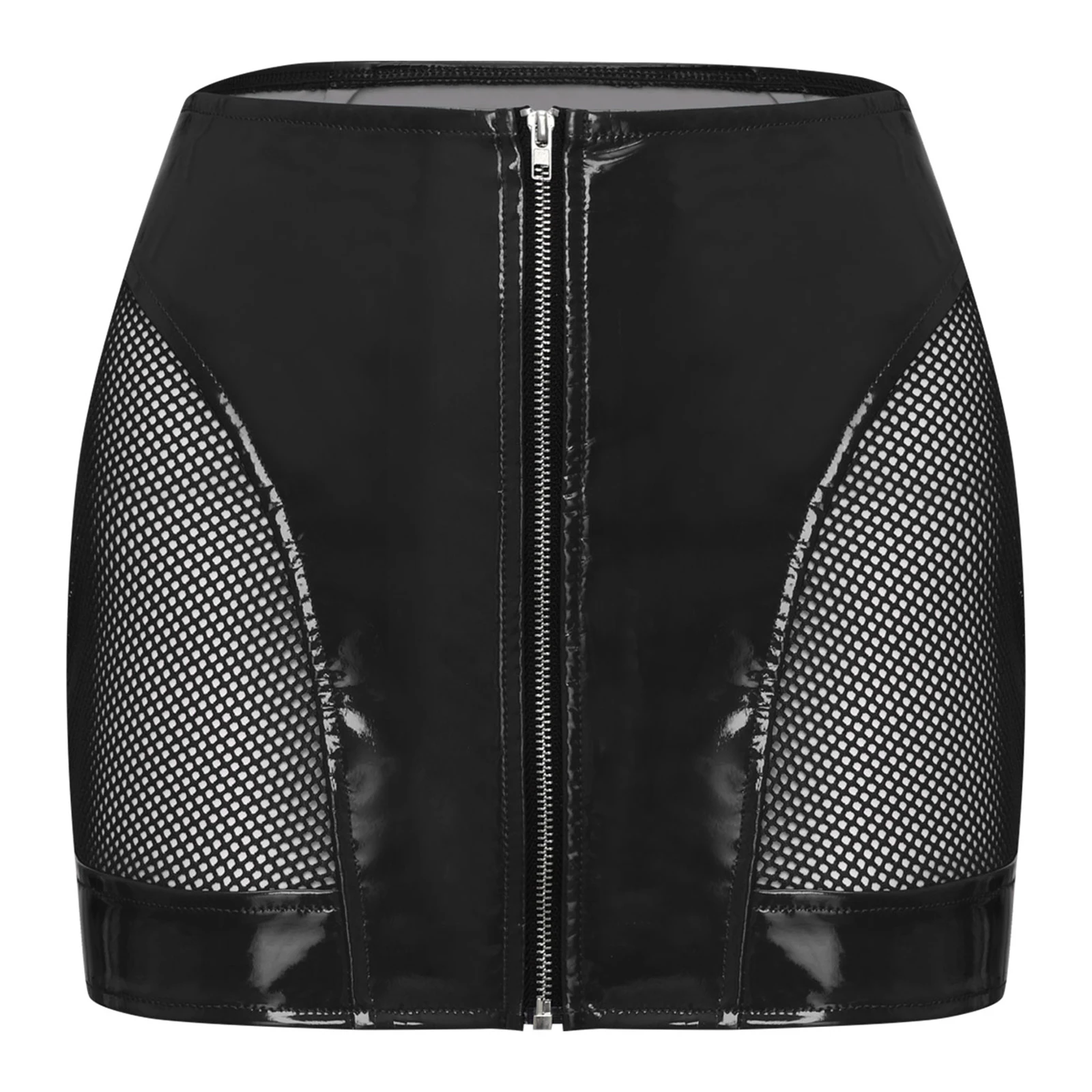 

Womens Glossy PU Bodycon Miniskirt Side Sheer Mesh Front Zipper High Waist Wet Look Skirt Clubwear for Carnivals Party Birthday
