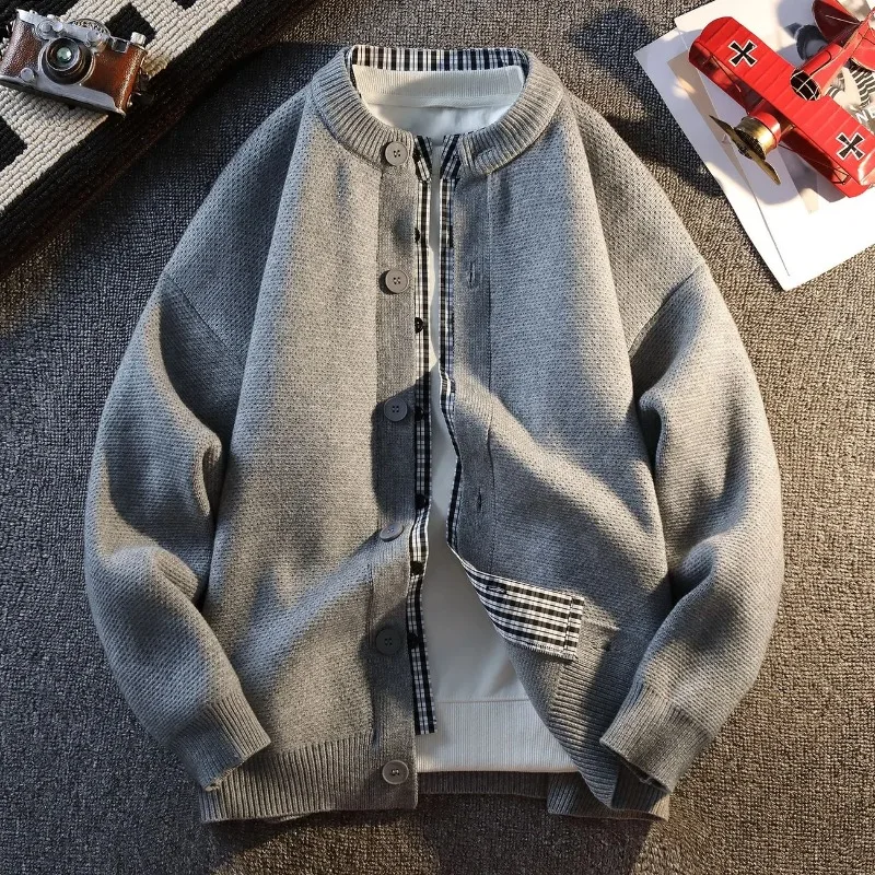 Autumn Winter Coat Men's Fake Two-piece Fashionable Knitted Plaid Splicing Loose Casual Sweater Korean Style Cardigan