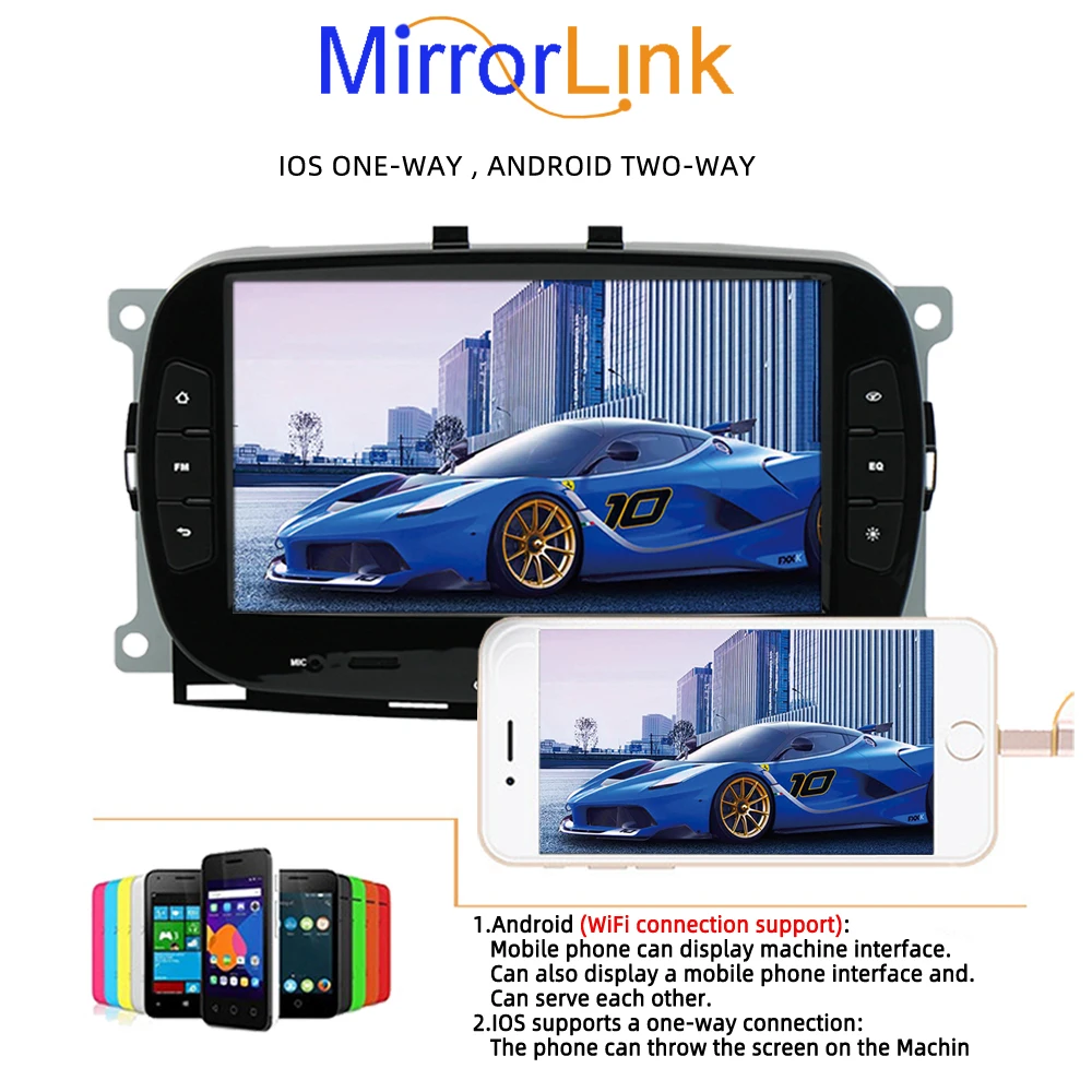 Car Multimedia Player 2DIN 7'' Wireless Carplay/Android Anto 2+32G Built-in WIFI GPS Navigation for 2016 2017 2018 2019 Fiat 500