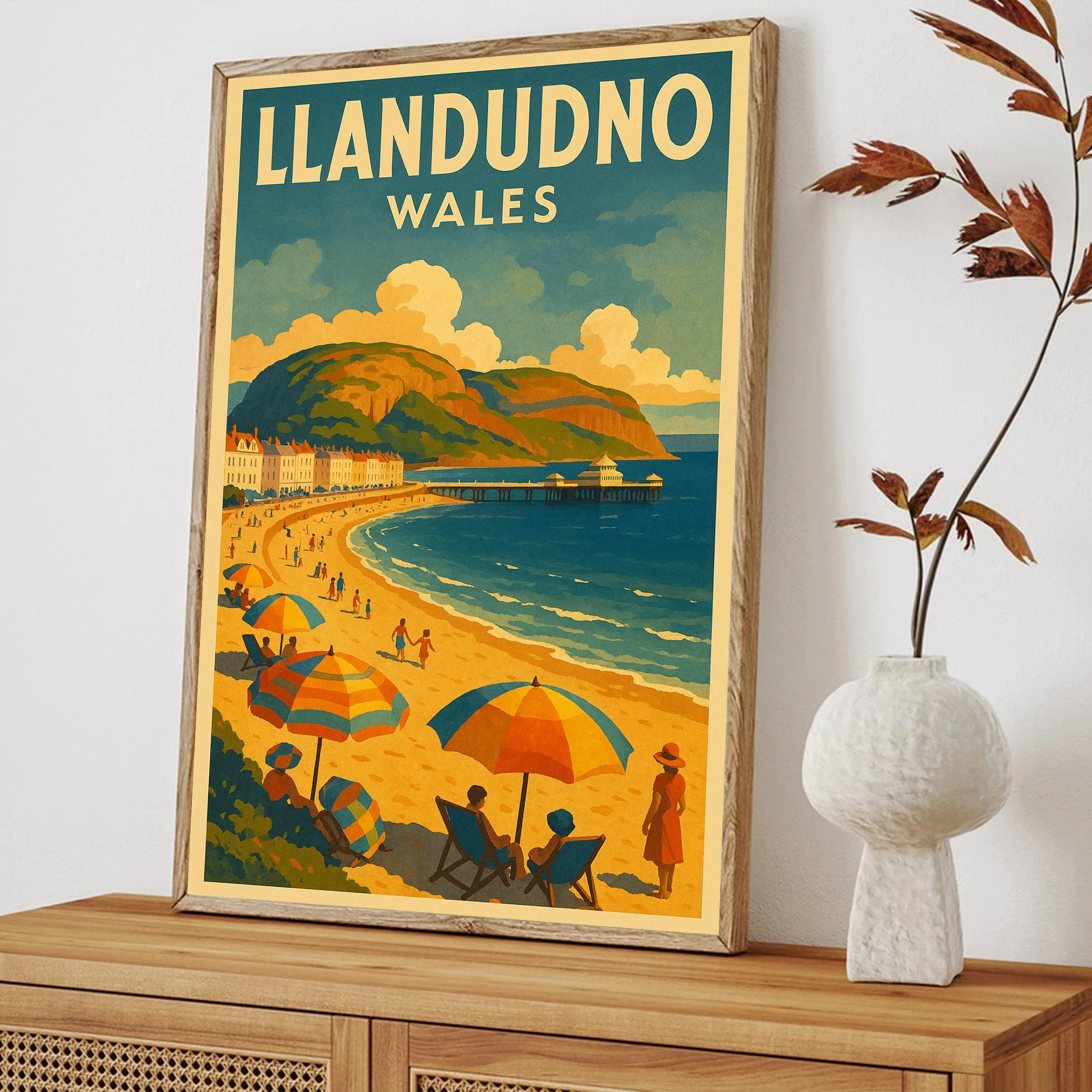 

Llandudno travel canvas poster vintage framed art wall decor Welsh town style home decor suitable for bedroom and living room