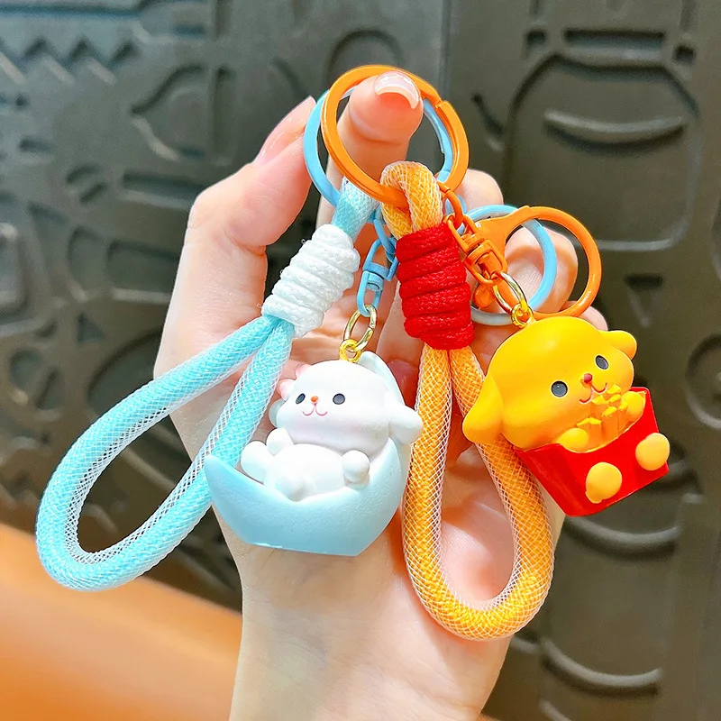 Y2K Cute Cartoon French Fries Dog Keychain Lie on the Moon Chair Animal Pendant Keyrings Women Girl Bag Airpod Box Key Ring