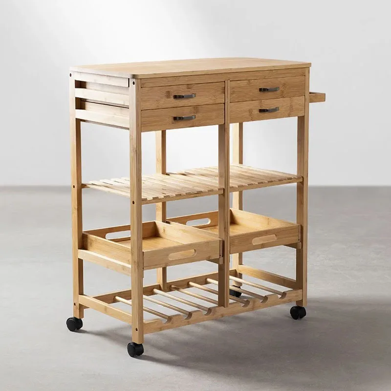 Bamboo Kitchen Storage Cart 4 Tier Trolley with Drawer Tray and Wine Rack Wood Cart with Wheels Kitchen Island