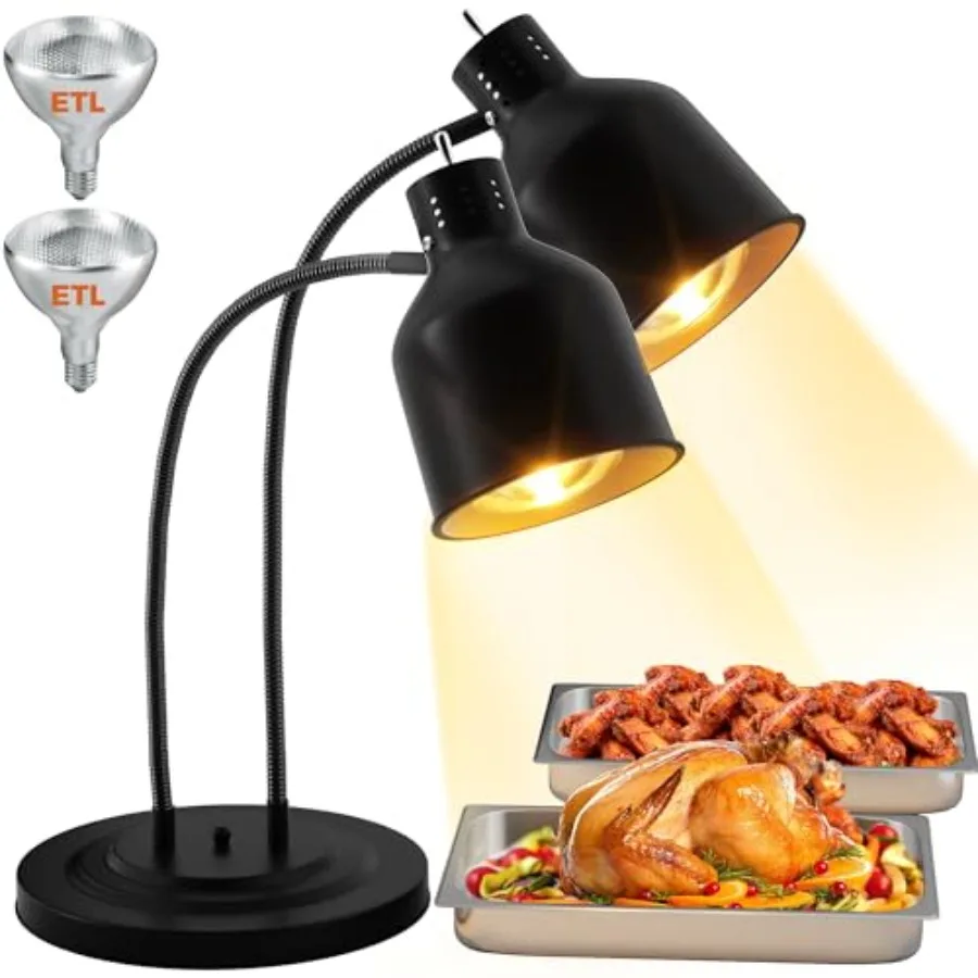 

Food Heat Lamp for Restaurant, Catering, Buffet - Stainless Steel Heavy Base, Painted Black, 500W Fast-Heating 2-Head Warmer wi