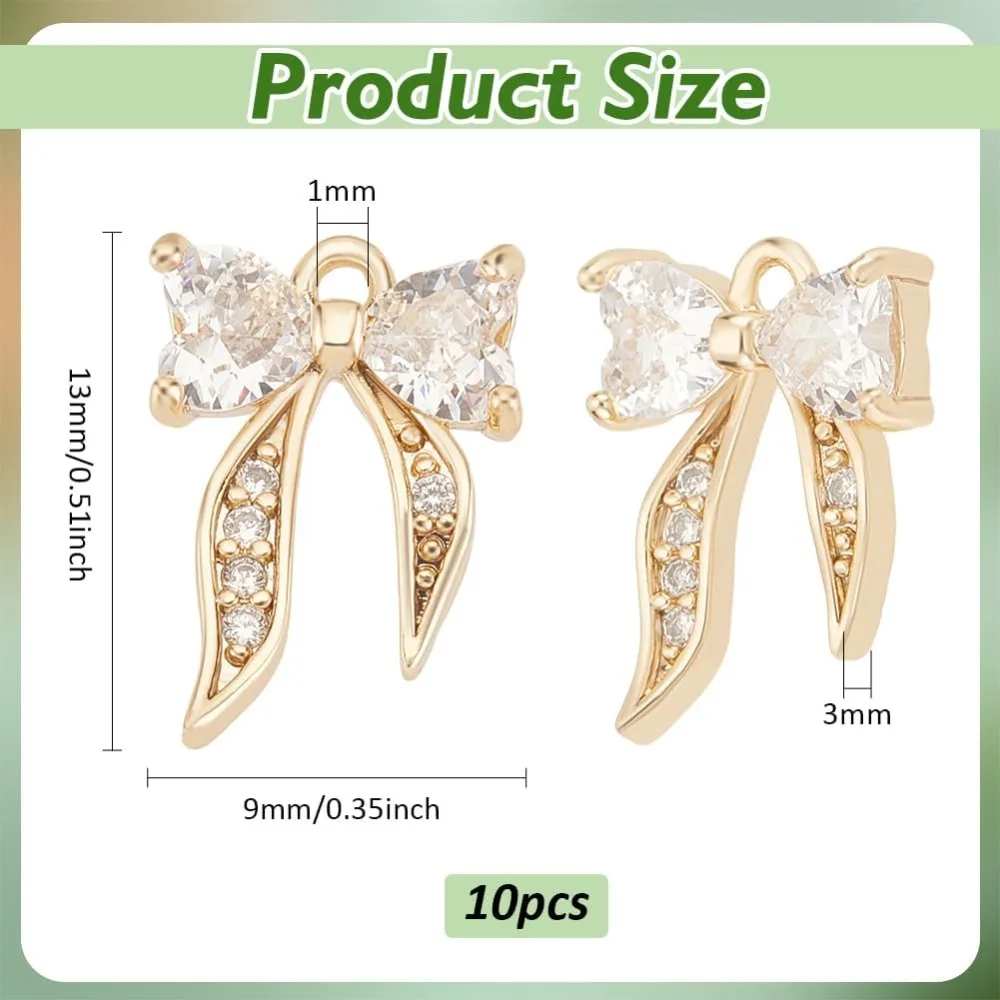 10Pcs Real Brass Bowknot Charms with Loop 0.5x0.3x0.1Inch Micro Pave Clear Cubic Zirconia Pendants Bow Dangle Connecter Charms