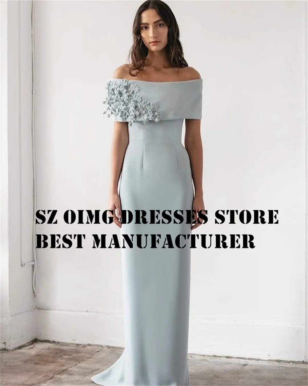 OIMG Elegant Satin Prom Dresses Off-Shoulder Appliques Customized Sky Blue Beading Women  Gowns Formal Party Dress Customized