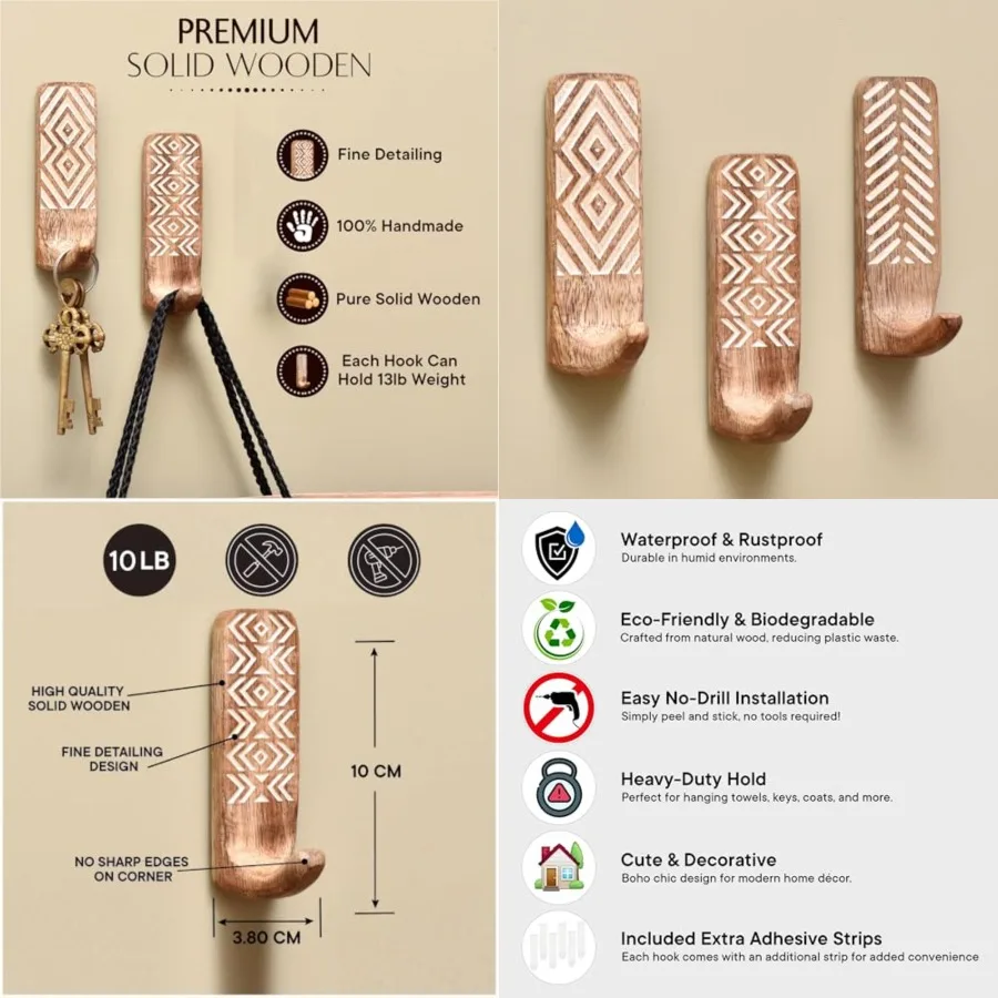 

Boho Decorative Wood Adhesive Wall Hooks for Coats 3 Hooks 6 Strips Waterproof Rustproof Towel Holder NoDrill Hangers for Bathr