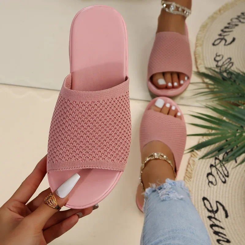 Sandalias de cuña de tela de punto para mujer, sandalias de Punta abierta, antideslizantes, informales, para exteriores, zapatillas de playa con plataforma plana, novedad de verano