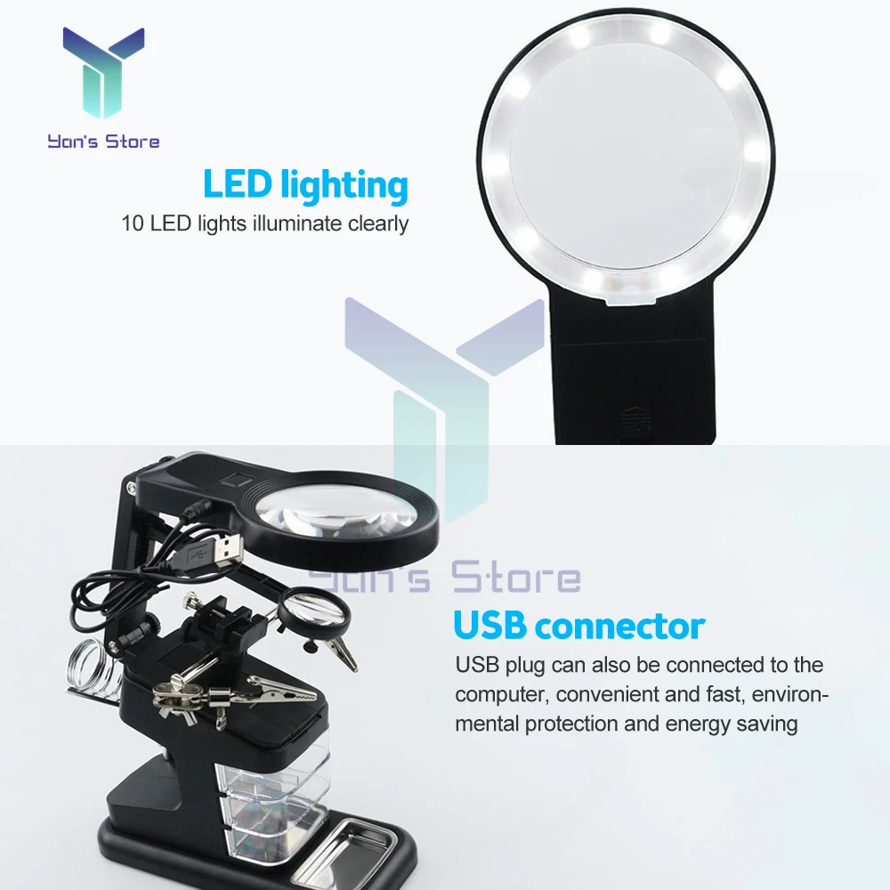 Multifunctional Electric Soldering Iron LED Magnifier 3X/4.5X Magnifying glass Alligator Clip Holder Helping Hand Welding Tools