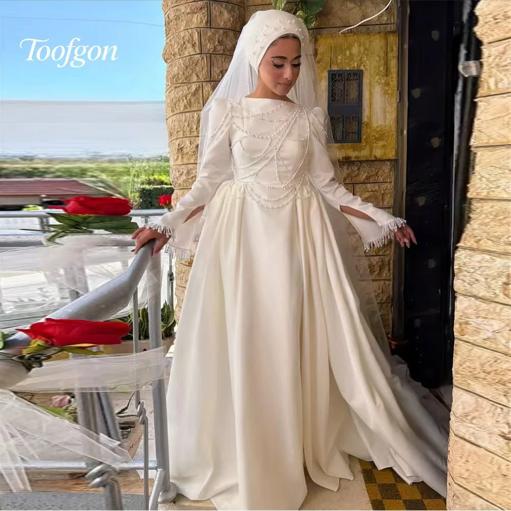 

Toofan Скромное мусульманское вечернее платье Длинное атласное платье трапециевидной формы с бисером Дубайское арабское свадебное платье Długie Suknie по индивидуальному заказу