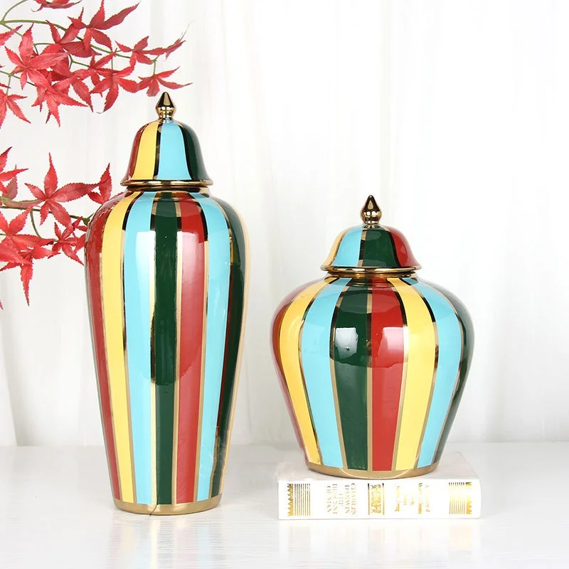 Ceramic Checkmate Jar Colorful Striped Ginger Jar Flower Vase Storage Tank Porcelain Handicrafts Ornaments Home Decoration