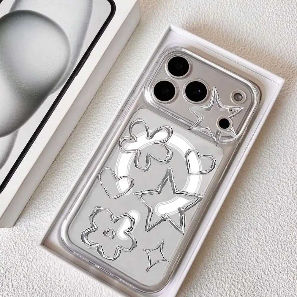 Silver Chrome Outline Shapes Phone Case For IPhone18 17 16 15 14 13 12 Pro Max Plus Magnetic Crystal Clear Case Wireless Charge view 4