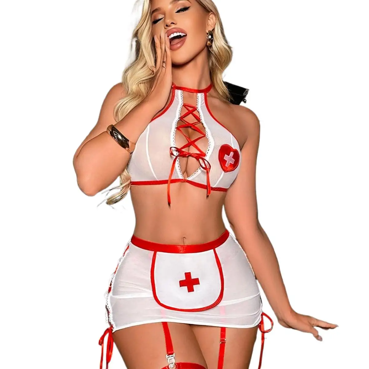 

Sexy Nurse Costume 3 Piece Set Erotic Outfit See Through Mesh Bra Skirt G String Tie Side For Adults Role Play Couples Lingerie​