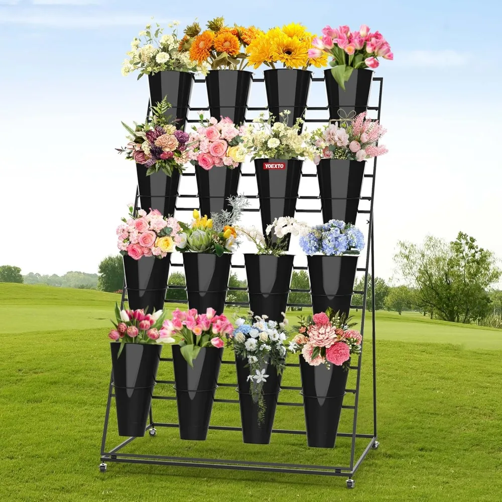 

4 Layers Flower Display Stand with Buckets, 16 PCS Buckets Plant Stand with Wheels, Movable Metal Plant Stand for Terrace Garden