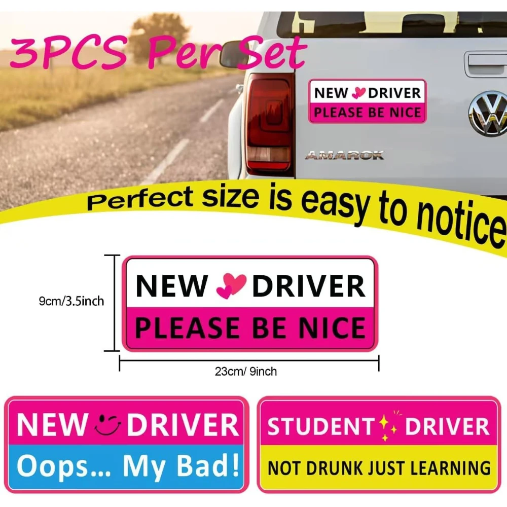 3Pcs Cute Student Driver Car Magnets, Yellow New Driver Safety Warning Decals, Ideal Gift for Beginner Young Drivers