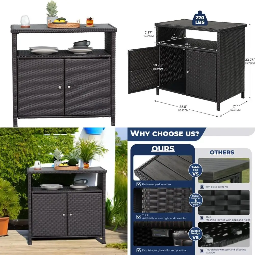 

Outdoor Waterproof Wicker Storage Cabinet with Doors and Shelves, Patio Buffet Sideboard for Bar Table Use