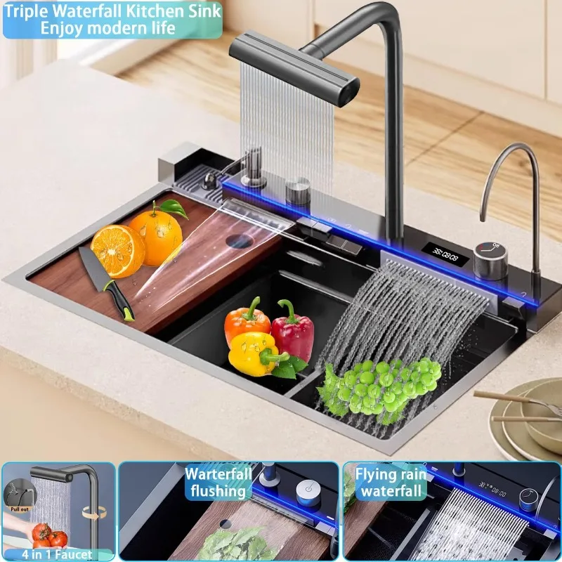 Kitchen Sink, Drop In Waterfall Sinks Workstation with Faucet Combo and Sink Cup Washer Stainless Steel Single Bowl Modern Smart