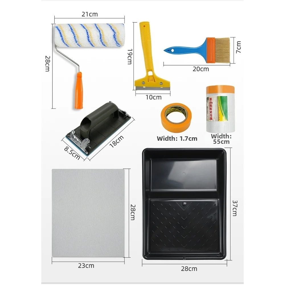 9 Piece For Wall Prep and Painting Kit with Tray Roller Brush Masking Film Scraper Sandpaper Holder and Gloves