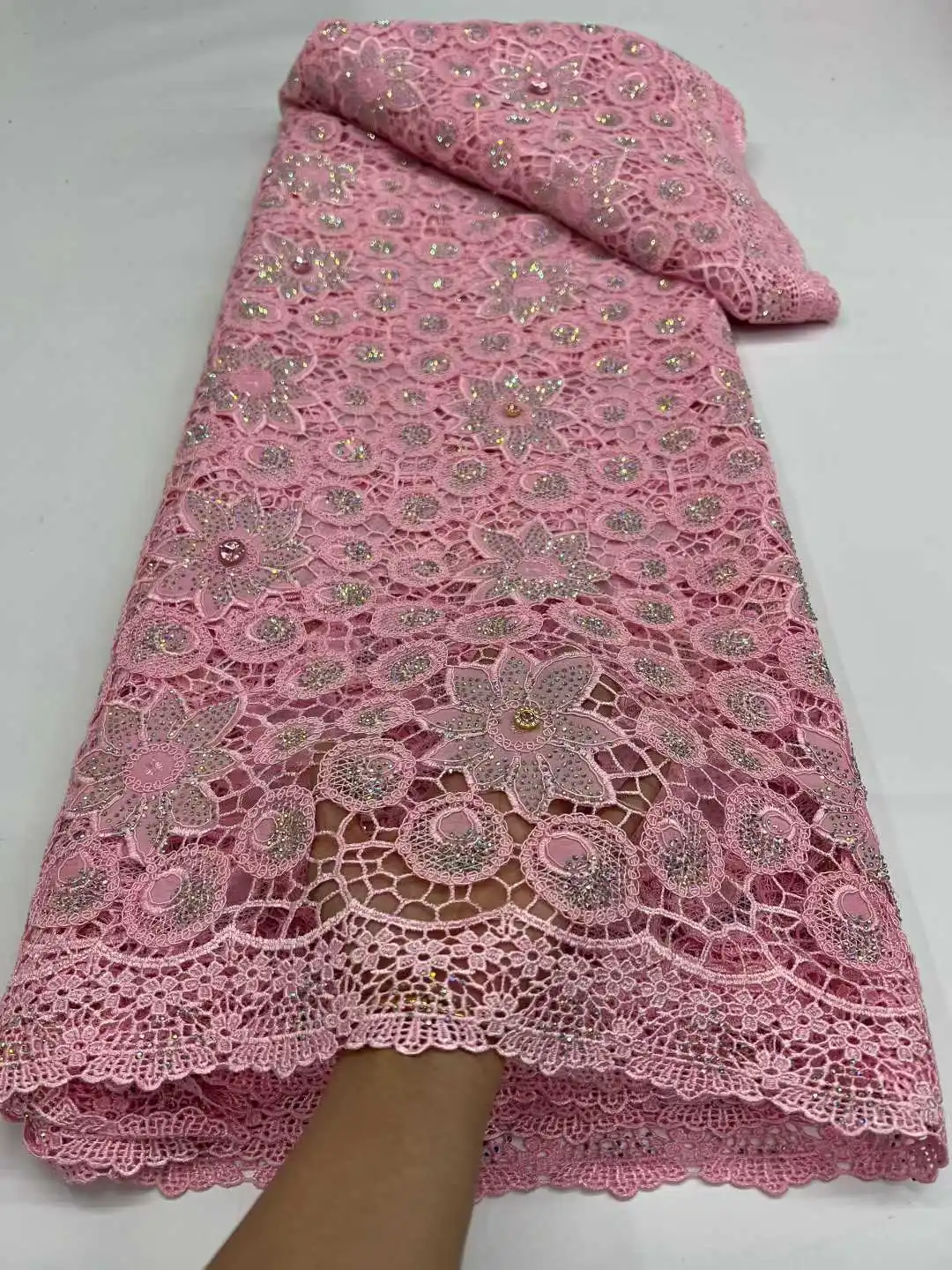 

Элитное африканское кружево из камней, высококачественное гипюровое кружево 2026, 5 ярдов, розовое французское кружево, нигерийские кружевные ткани для вечеринок