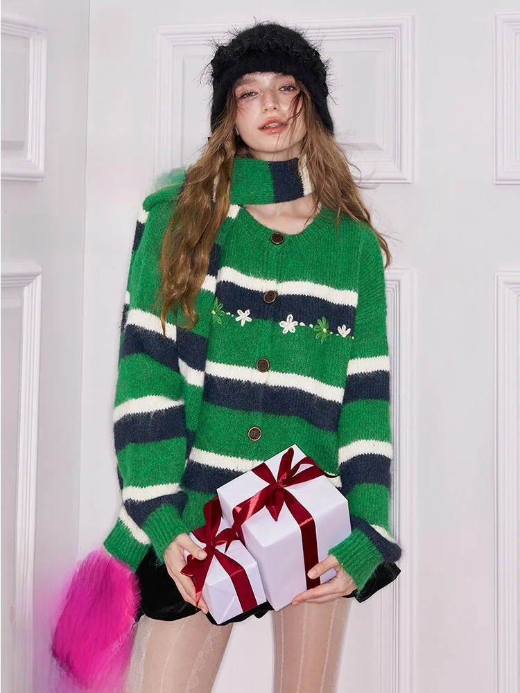 

Новогодний мягкий вязаный кардиган Wi Star с вышивкой, в полоску, повседневный, с круглым вырезом, длинными рукавами, больших размеров