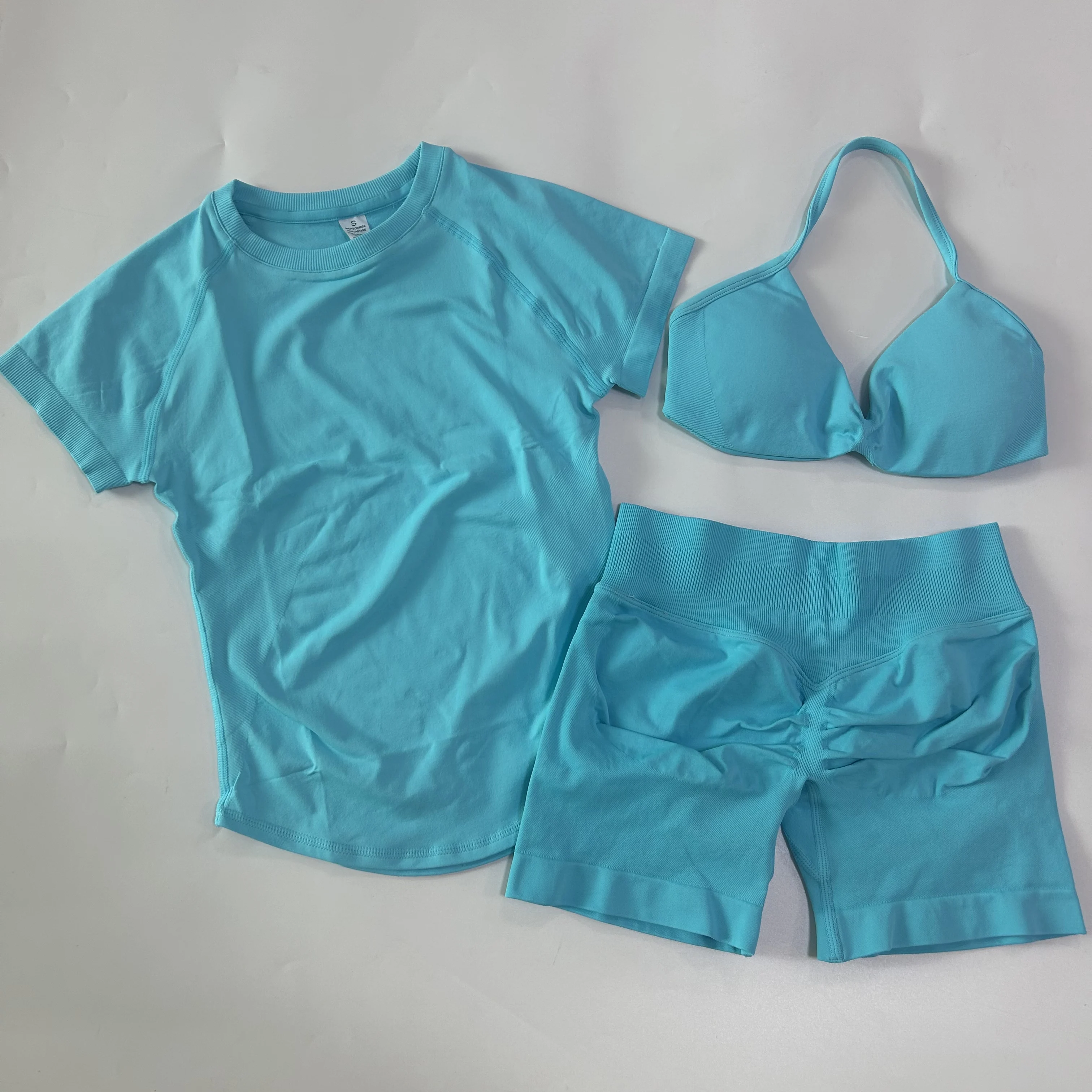 3pcs Gym Set Women Strappy Yoga Bra + Longline Short Sleeve Sports Top +High Waist Workout Shorts Sports Suit Seamless Yoga Set